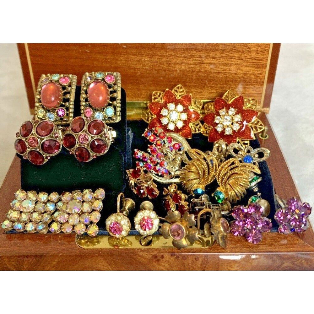 Vintage Rhinestone Earrings Lot 13pc Signed Coro Clip On Gold Tone